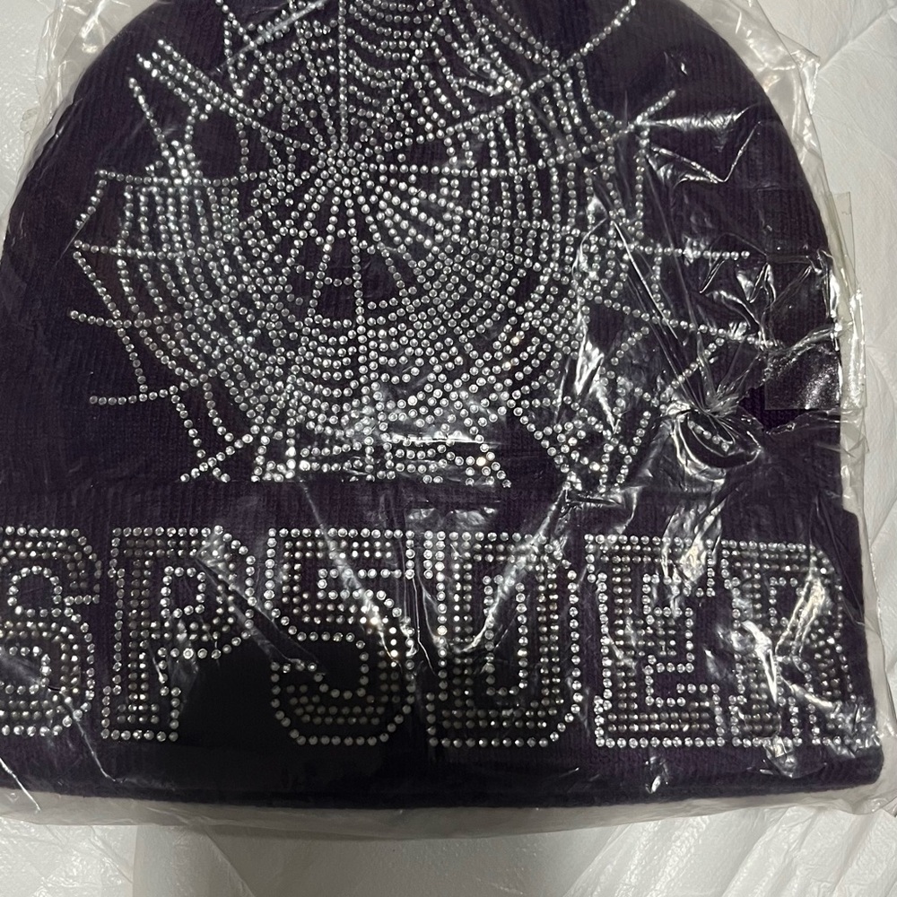 Black Beanie with Rhinestone Spider Design